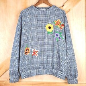 ZARA Trafaluc Plaid Floral Embroidered Sweatshirt | Size S